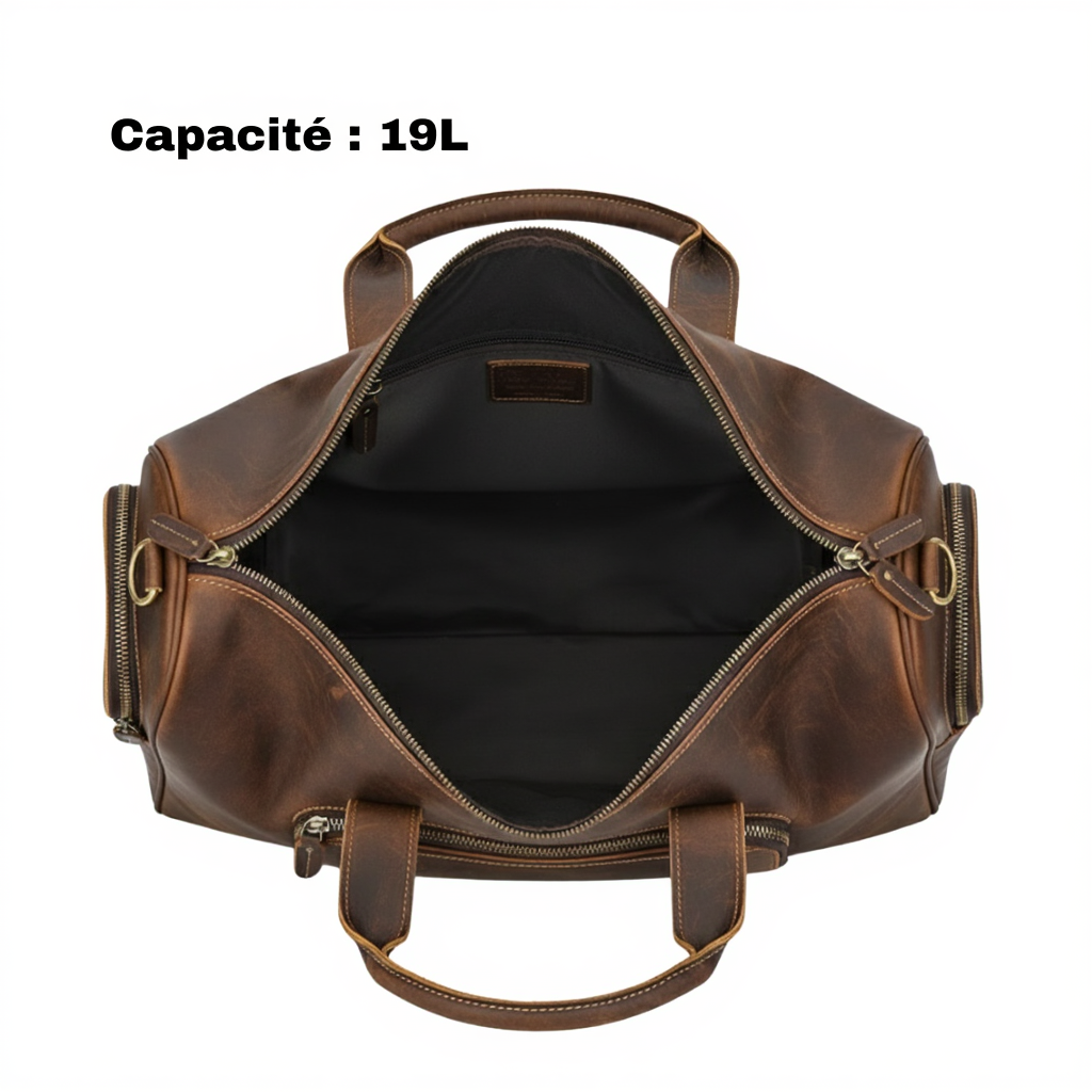 sac-de-voyage-cabine-cuir-homme-femme-19l-compact-marron-volume