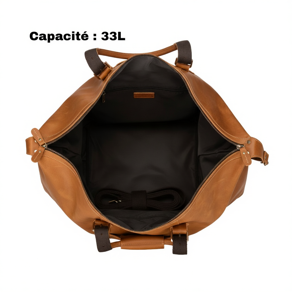 sac-de-voyage-cabine-femme-en-cuir-33l-cylindrique-marron-clair-volume-33L