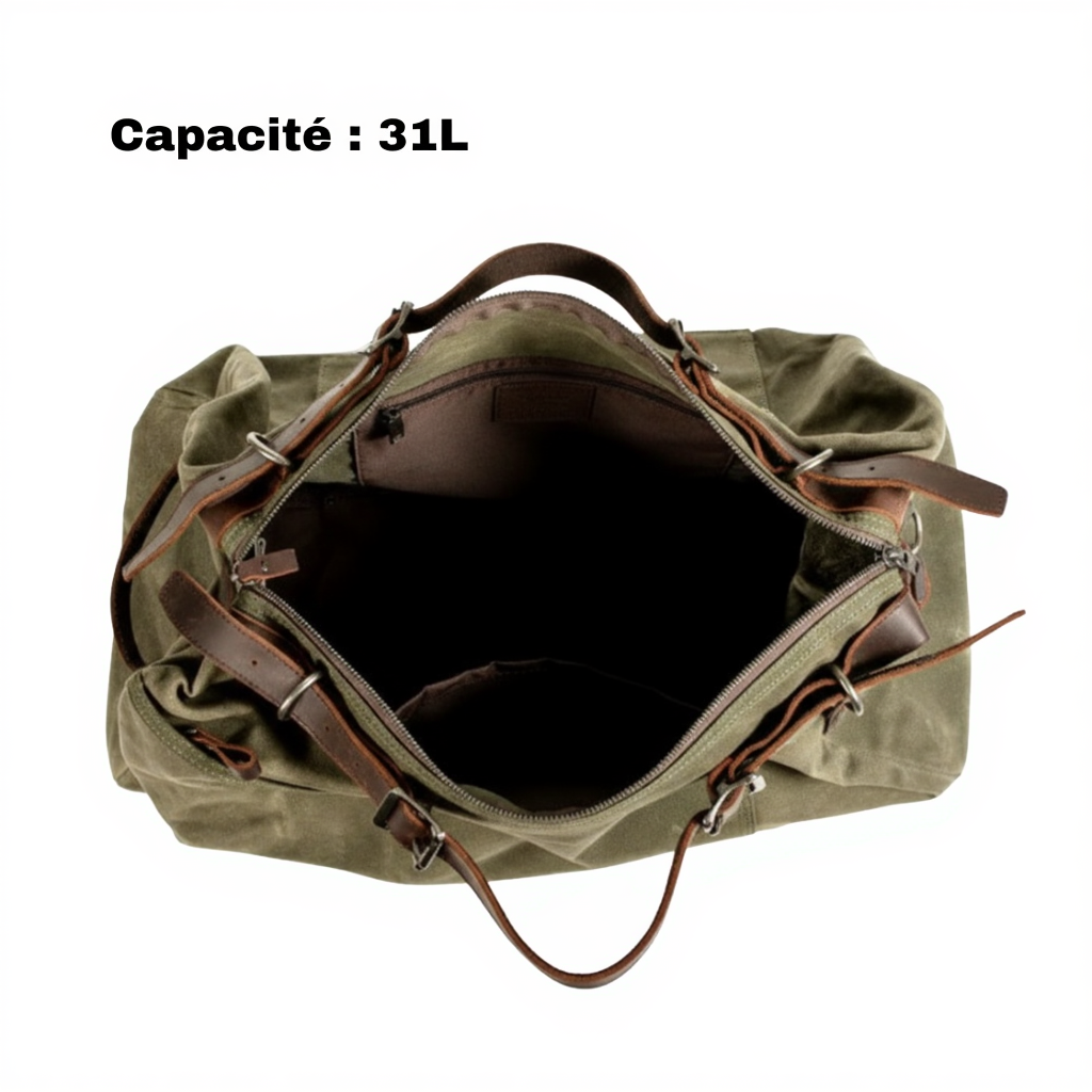 sac-de-voyage-cabine-homme-en-toile-et-cuir-31l-cylindrique-vert-kaki-volume-du-sac