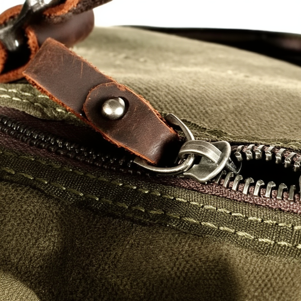 sac-de-voyage-cabine-homme-en-toile-et-cuir-31l-cylindrique-vert-kaki-zoom-sur-les-fermetures