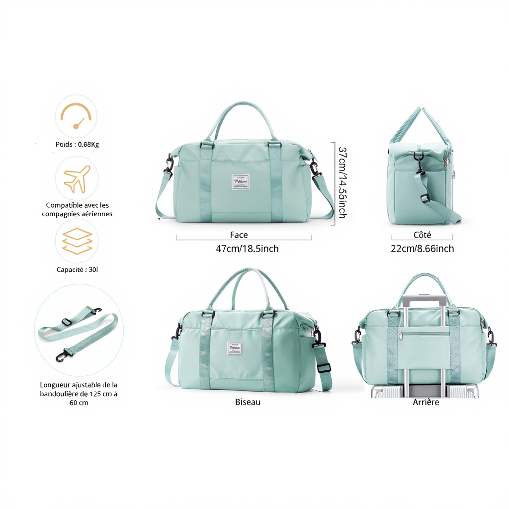 sac-de-voyage-cabine-homme-femme-en-nylon-30l-deperlant-turquoise-dimensions