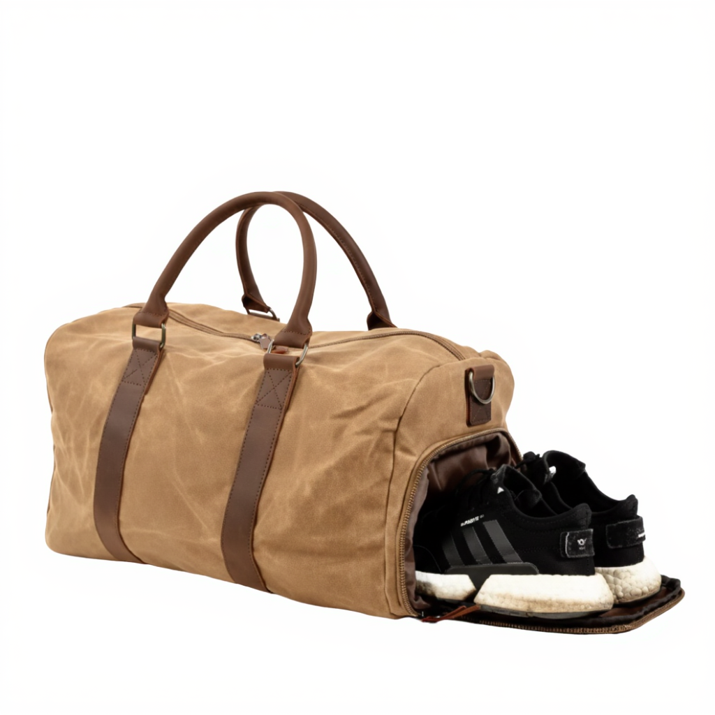 sac-de-voyage-cabine-homme-toile-ciree-et-cuir-28l-marron-disposition-chaussure