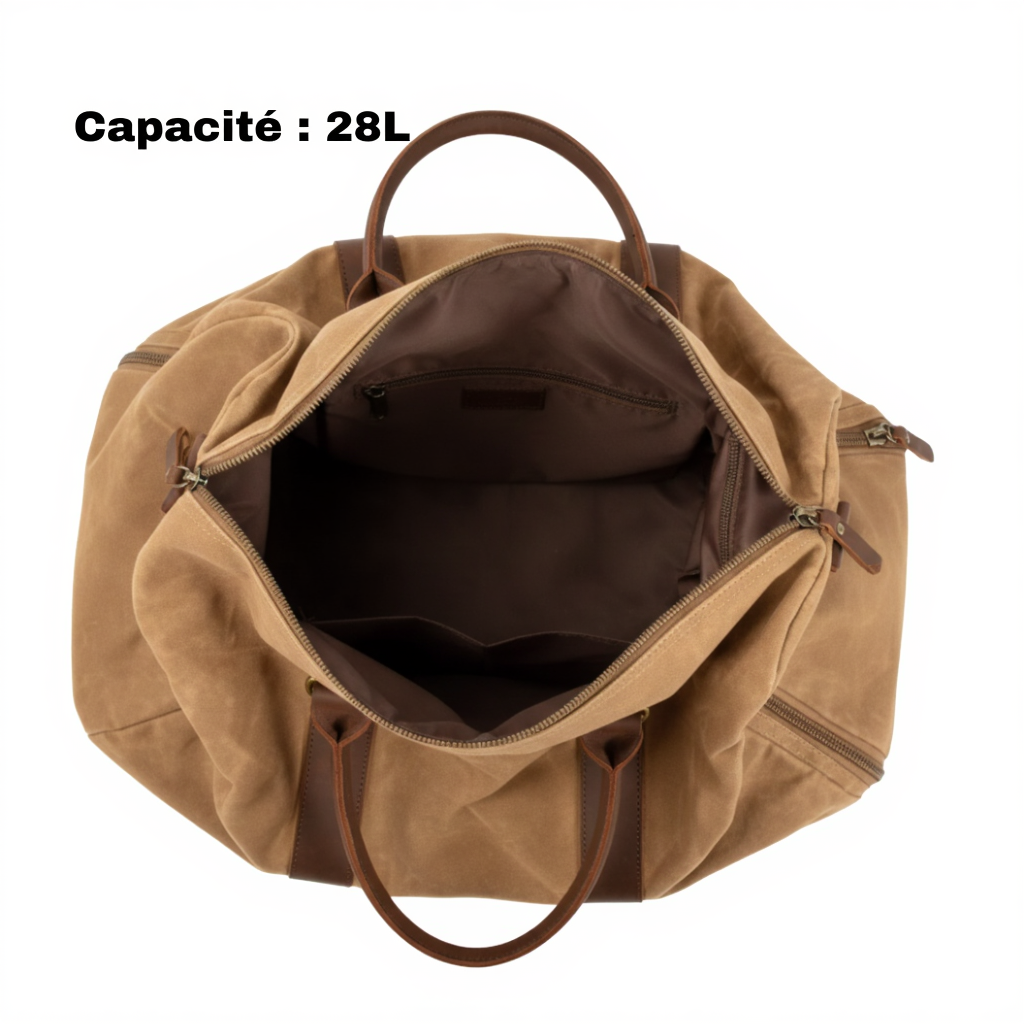 sac-de-voyage-cabine-homme-toile-ciree-et-cuir-28l-marron-volume