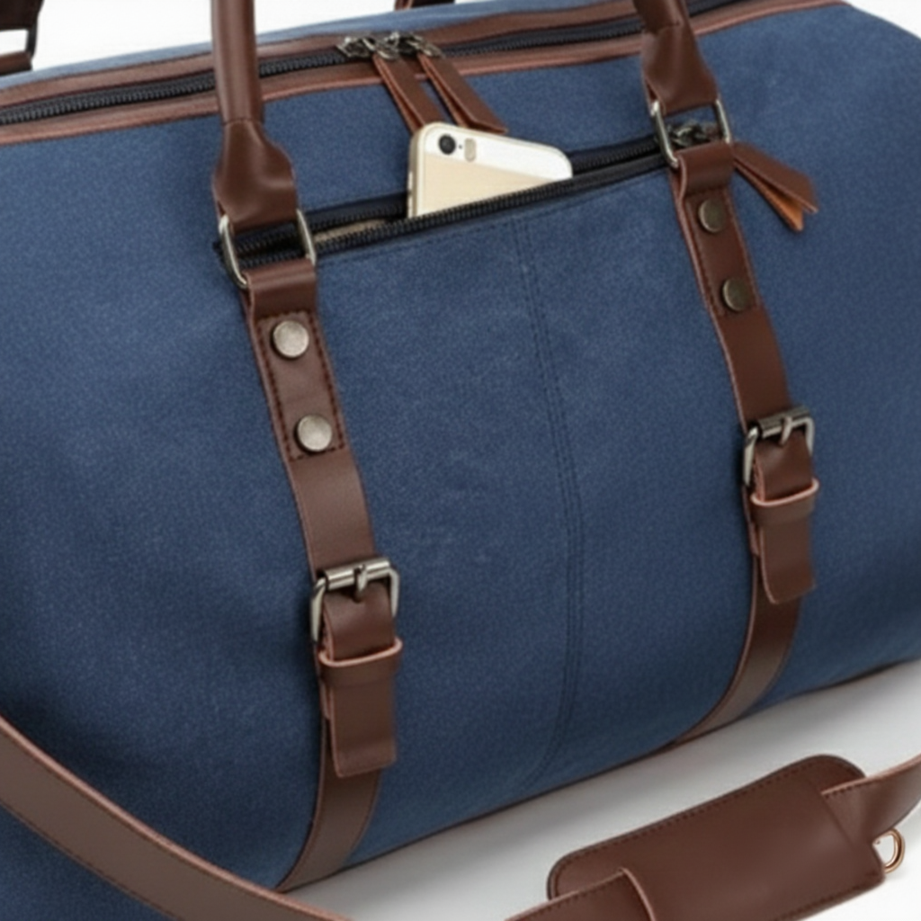 sac-de-voyage-femme-en-toile-43l-format-cabine-54cm-bleu-fonce-zoom-sur-la-poche-haute