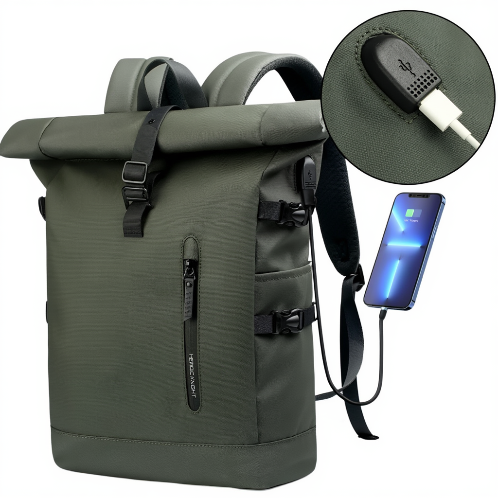 Sac à Dos Voyage Roll Top Extensible - Imperméable & Port USB